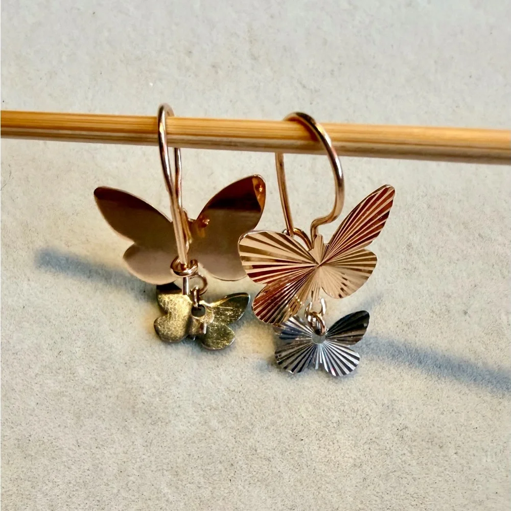 Delicate Two-Tone Butterfly Drop Earrings - 14 K Rose Gold & White gold - Picture 4 of 4